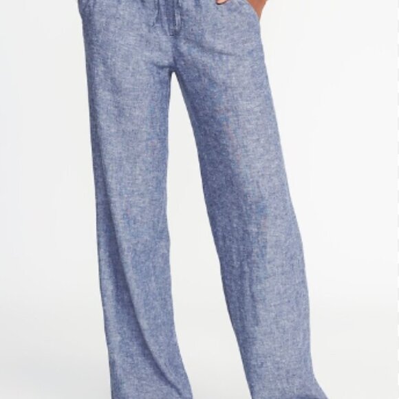 Old Navy Pants - Old Navy Mid Rise Wide Leg Linen Blend draw string pants Womens Large Blue